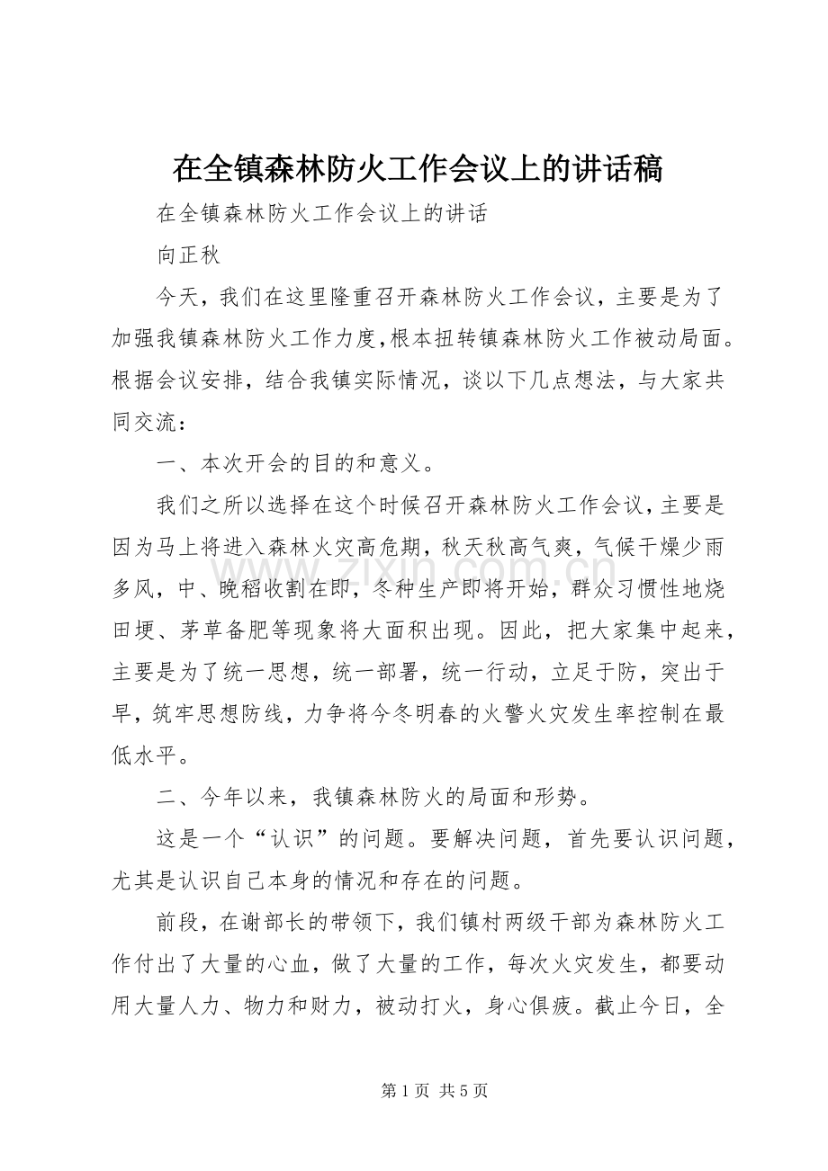 在全镇森林防火工作会议上的讲话稿.docx_第1页