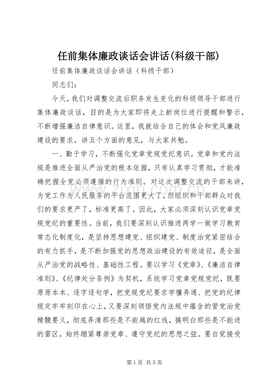 任前集体廉政谈话会讲话(科级干部).docx_第1页