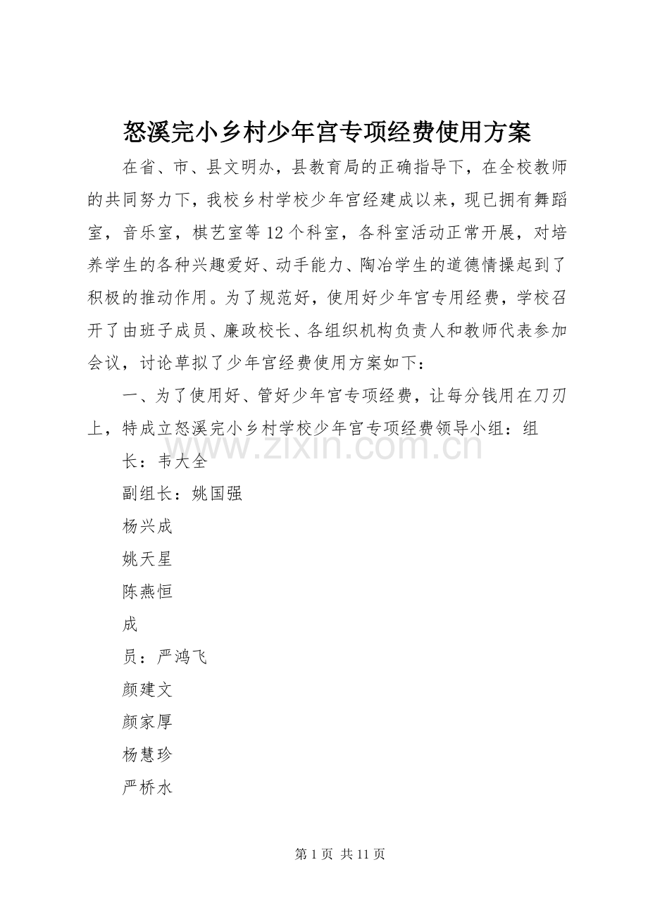 怒溪完小乡村少年宫专项经费使用实施方案.docx_第1页