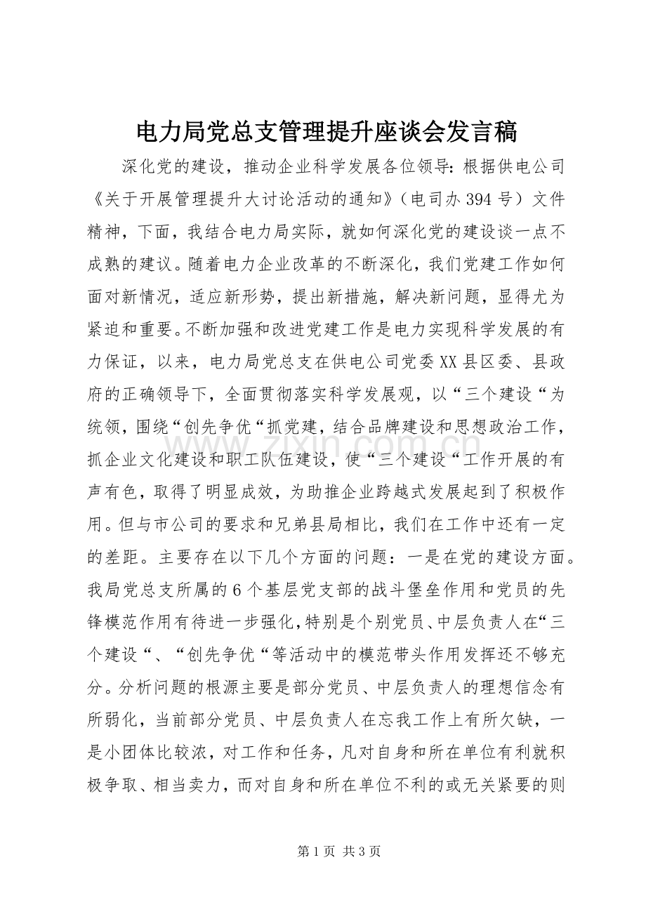 电力局党总支管理提升座谈会发言稿.docx_第1页