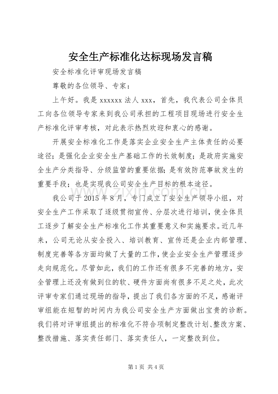 安全生产标准化达标现场发言稿.docx_第1页