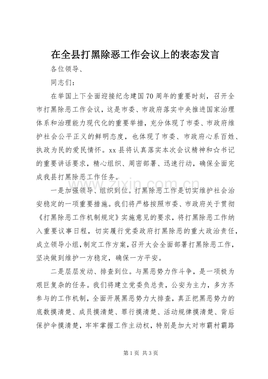 在全县打黑除恶工作会议上的表态发言稿.docx_第1页