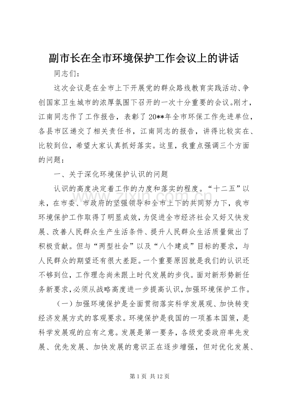 副市长在全市环境保护工作会议上的讲话.docx_第1页