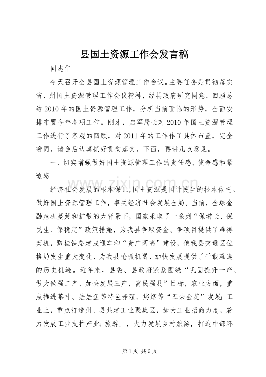 县国土资源工作会发言稿.docx_第1页