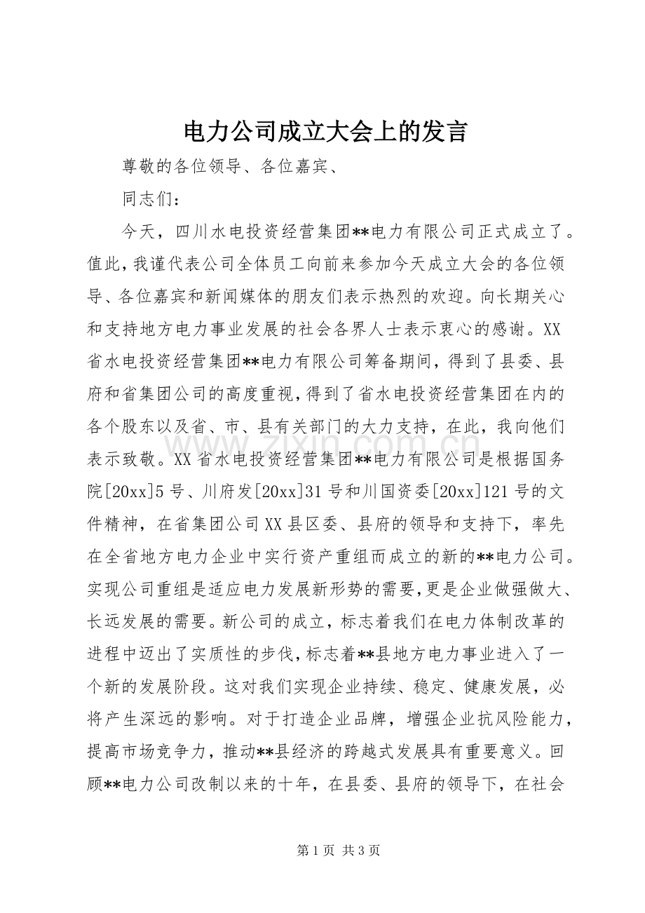 电力公司成立大会上的发言_2.docx_第1页