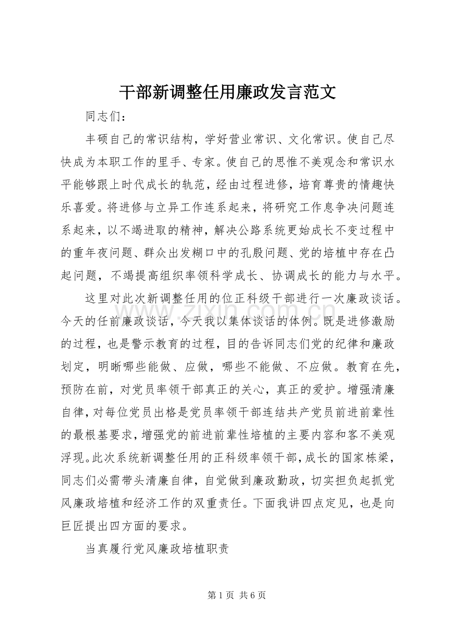 干部新调整任用廉政发言稿范文.docx_第1页