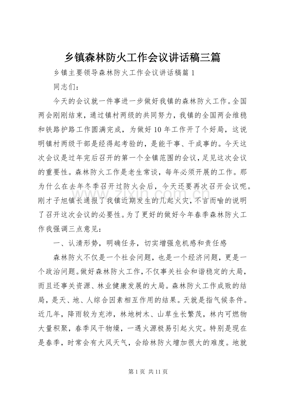 乡镇森林防火工作会议讲话稿三篇.docx_第1页