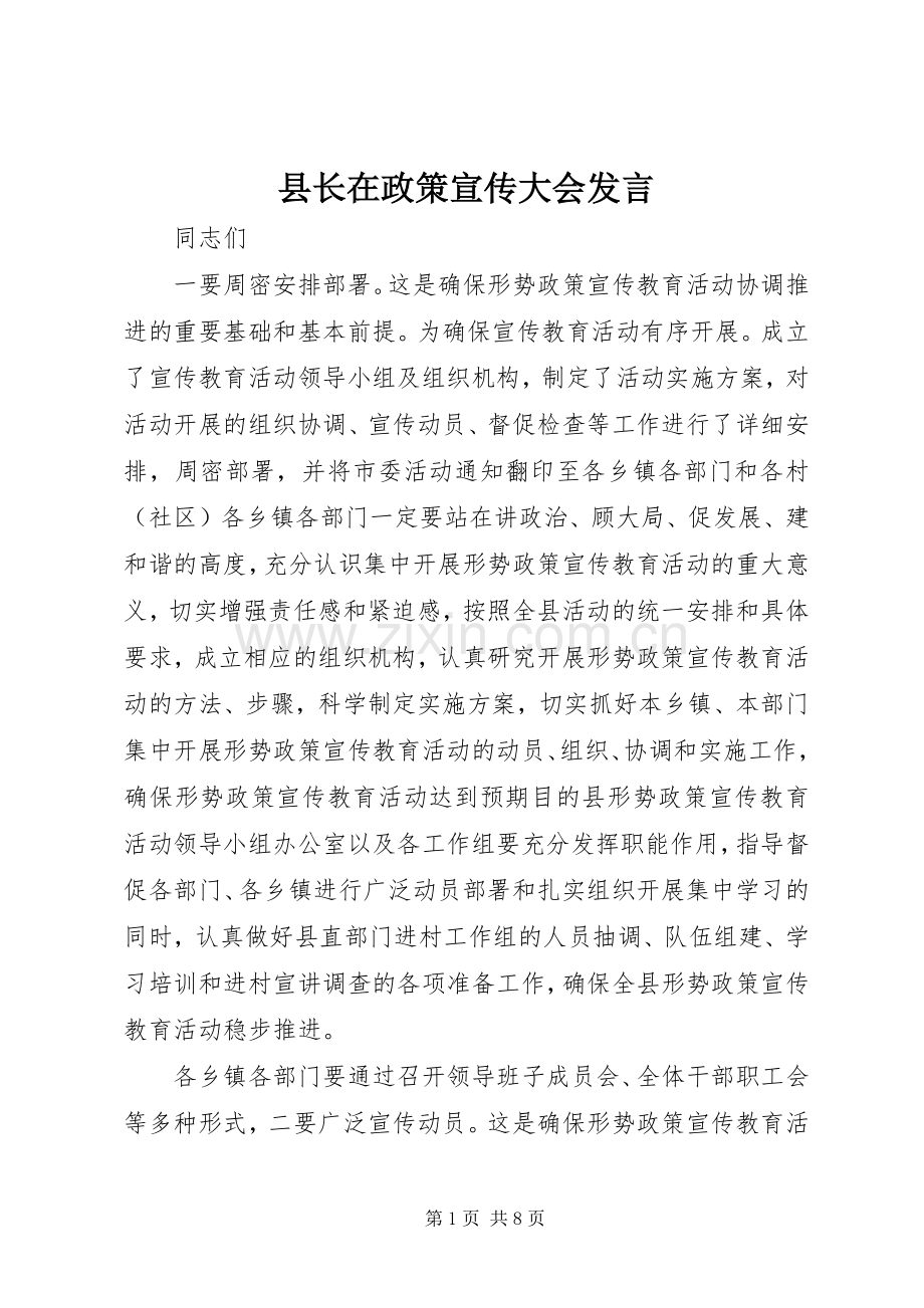 县长在政策宣传大会发言稿.docx_第1页