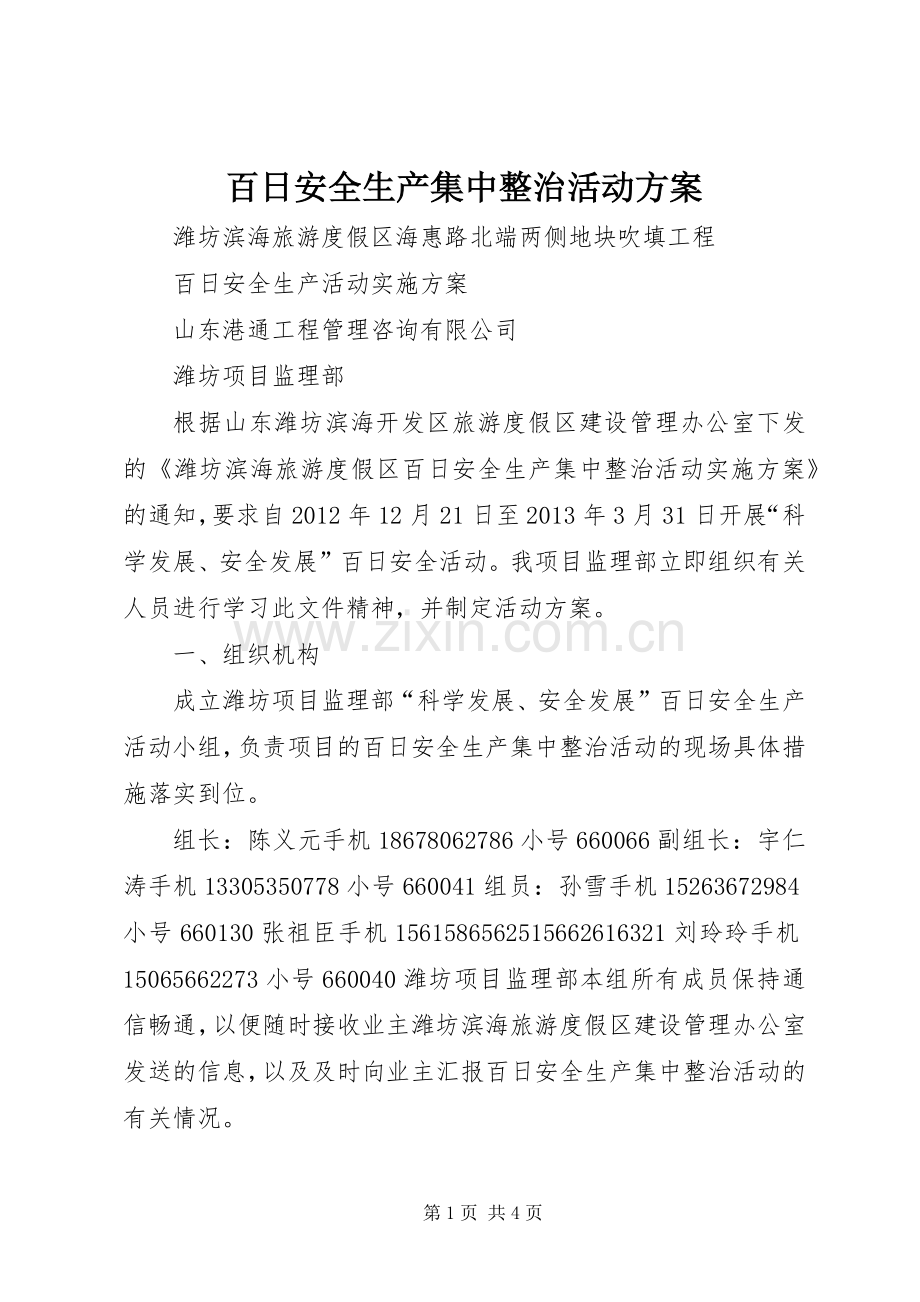 百日安全生产集中整治活动实施方案.docx_第1页