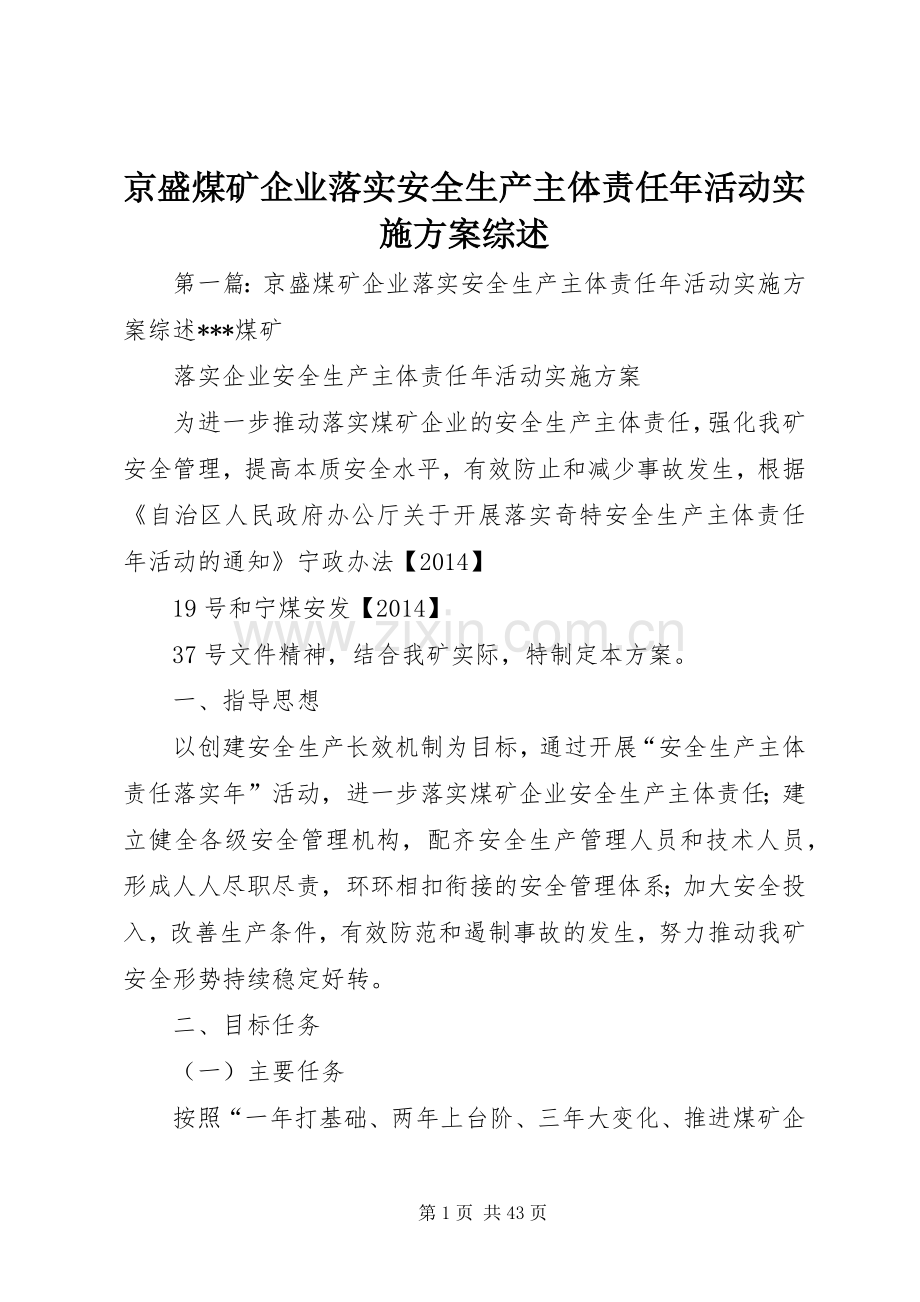 京盛煤矿企业落实安全生产主体责任年活动方案综述.docx_第1页