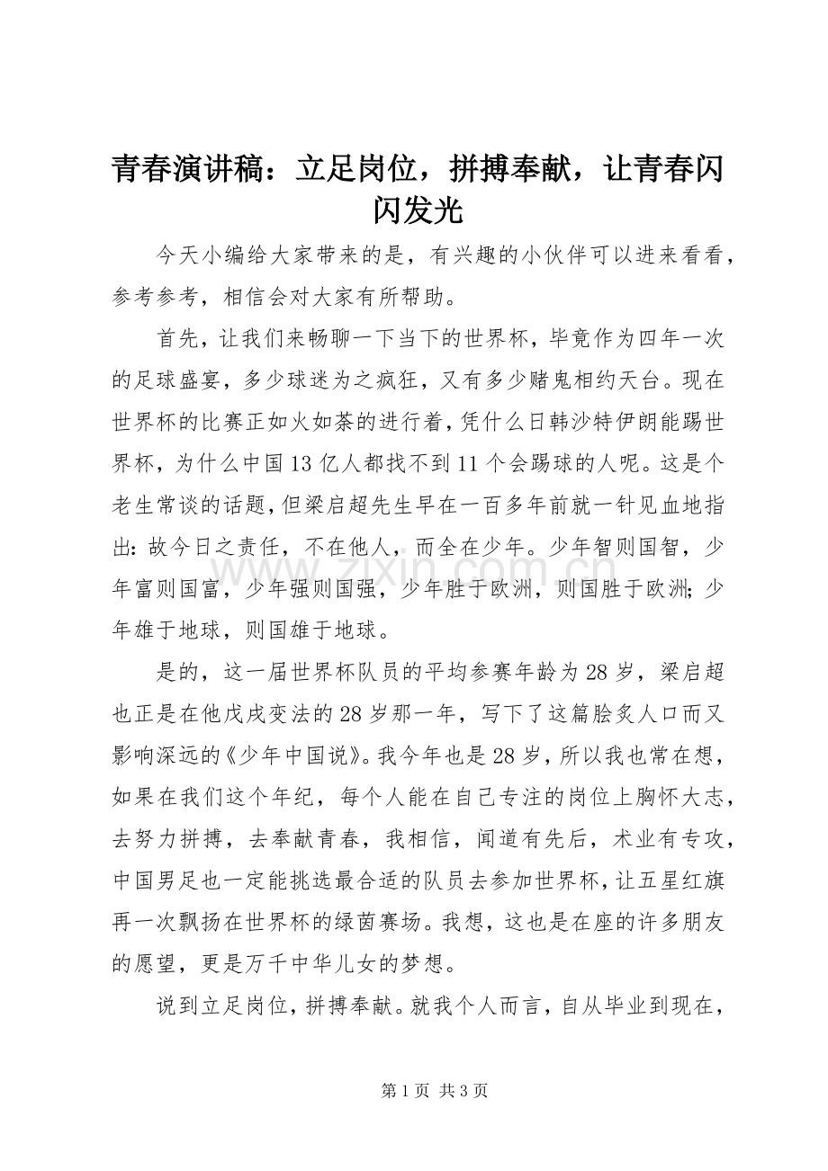 青春演讲稿：立足岗位拼搏奉献让青春闪闪发光.docx_第1页