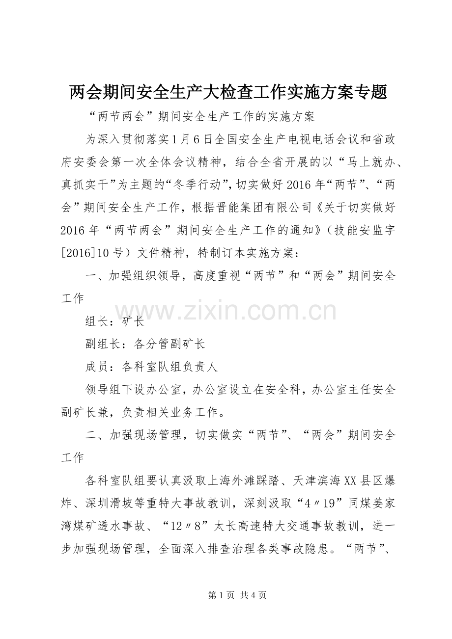 两会期间安全生产大检查工作方案专题 .docx_第1页