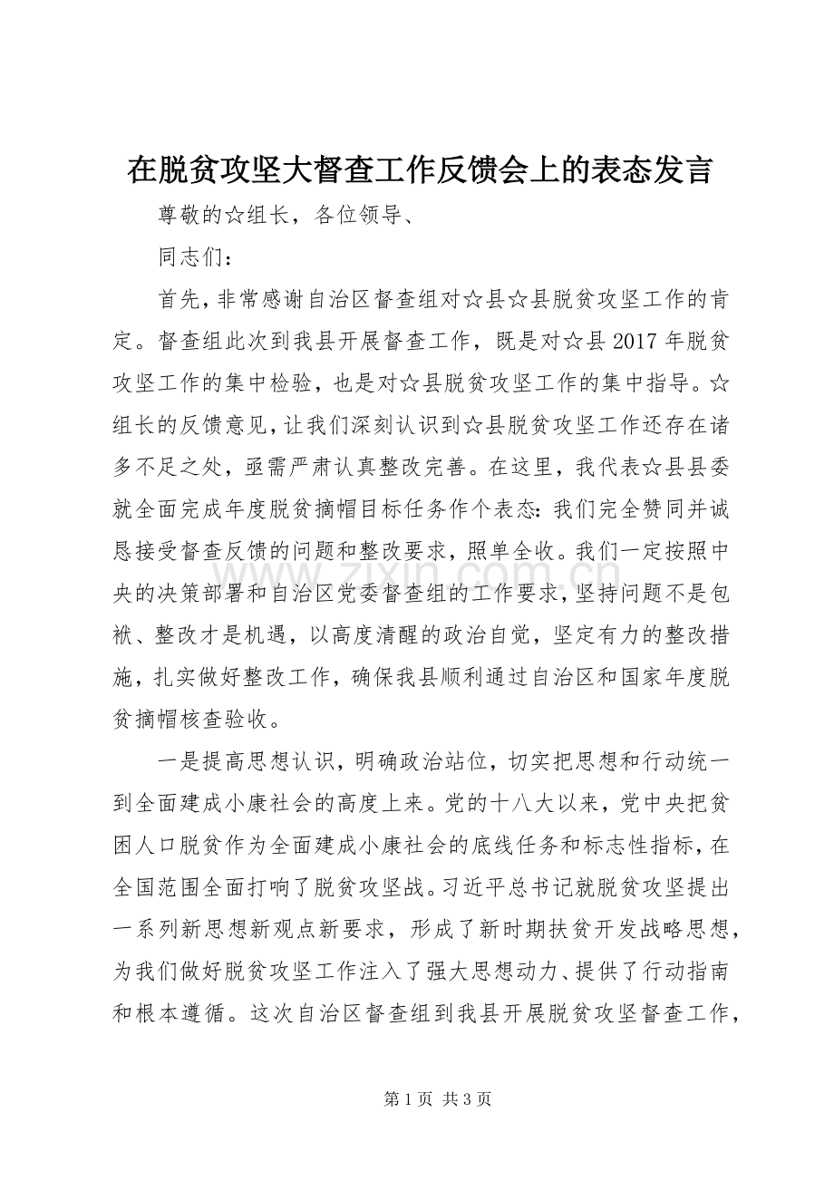 在脱贫攻坚大督查工作反馈会上的表态发言.docx_第1页