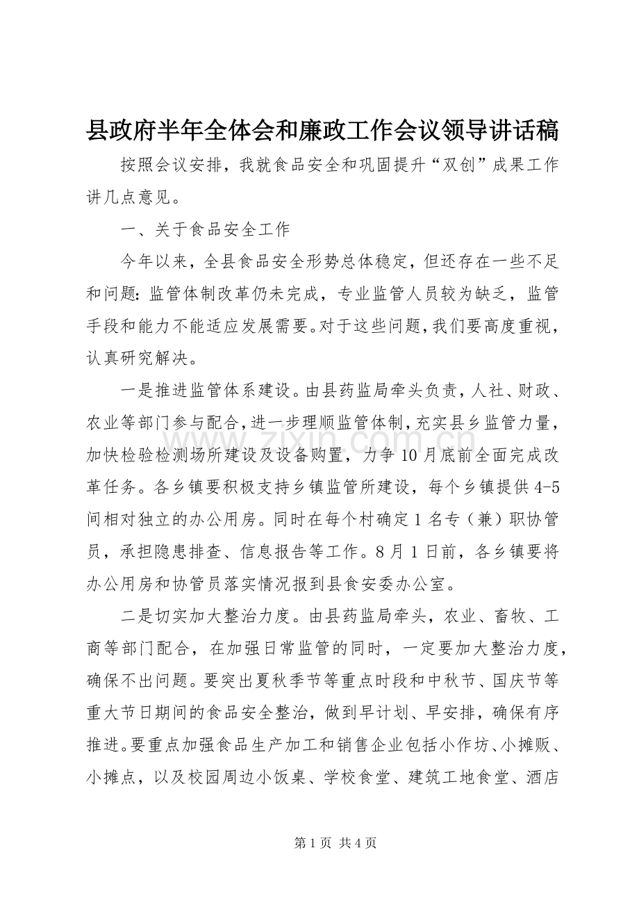 县政府半年全体会和廉政工作会议领导讲话稿.docx_第1页