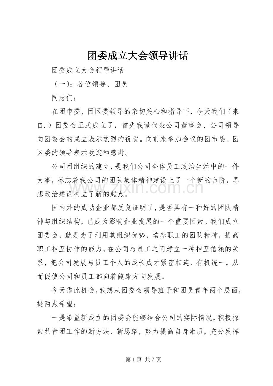 团委成立大会领导讲话.docx_第1页