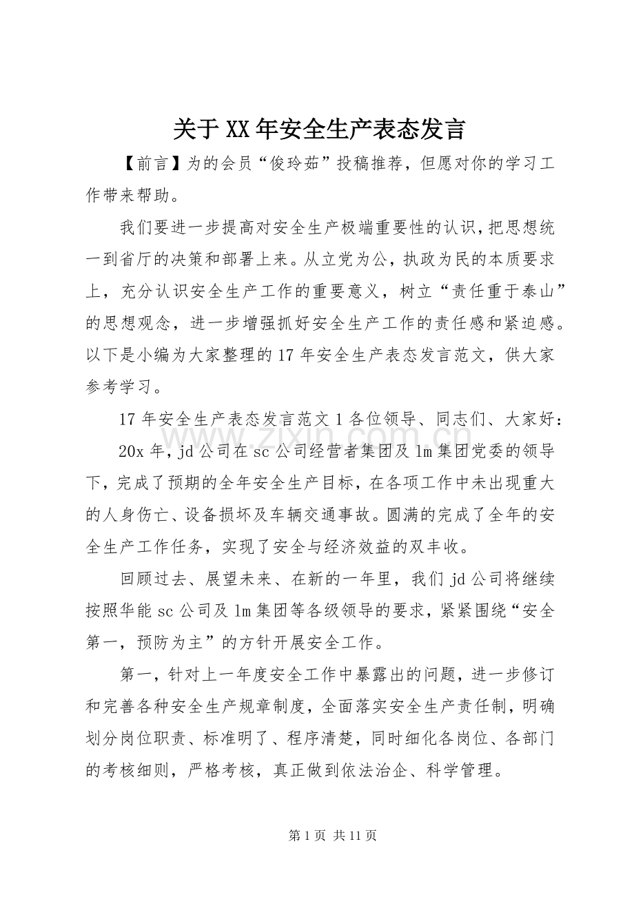 关于XX年安全生产表态发言.docx_第1页