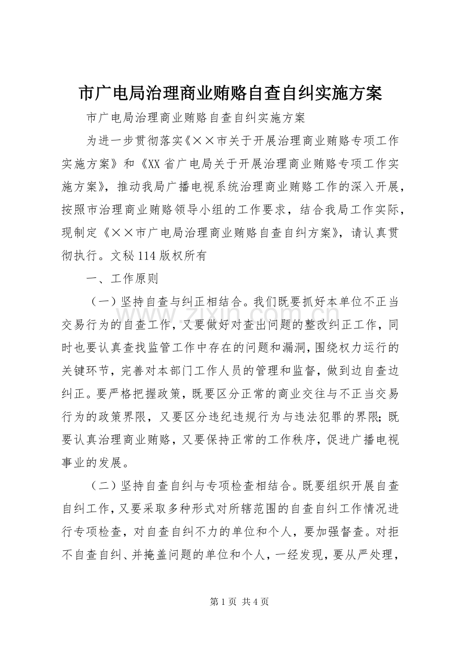 市广电局治理商业贿赂自查自纠方案.docx_第1页