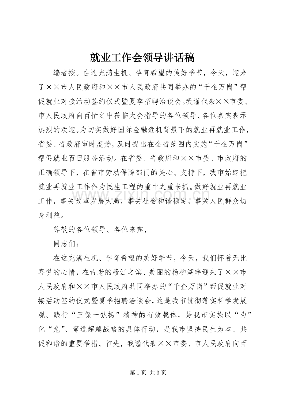 就业工作会领导讲话稿.docx_第1页