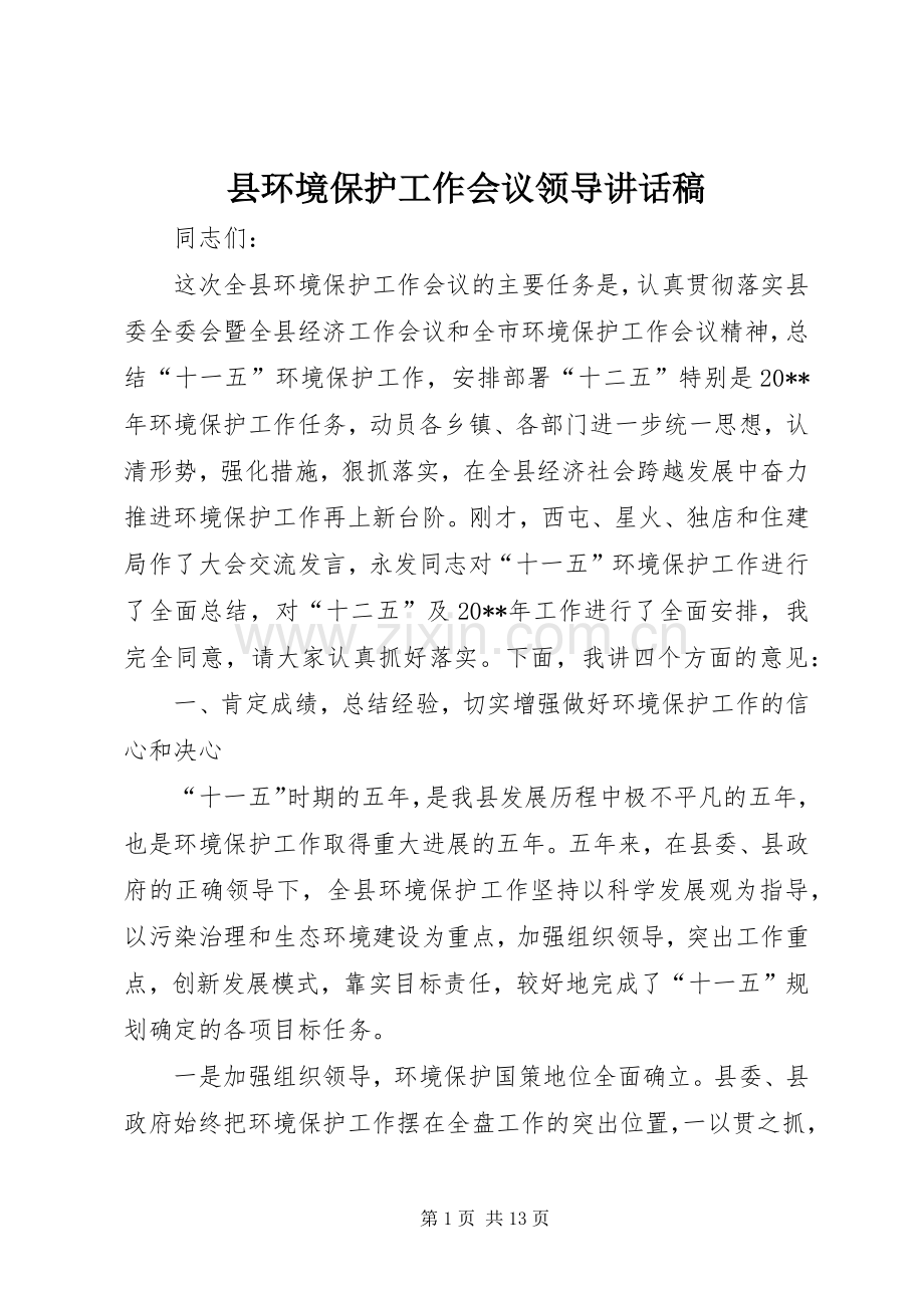 县环境保护工作会议领导讲话稿.docx_第1页