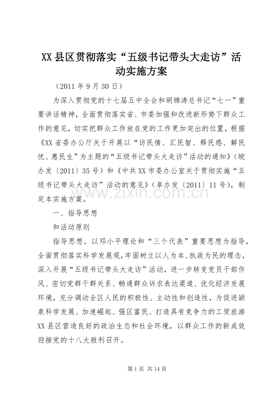 XX县区贯彻落实“五级书记带头大走访”活动方案.docx_第1页