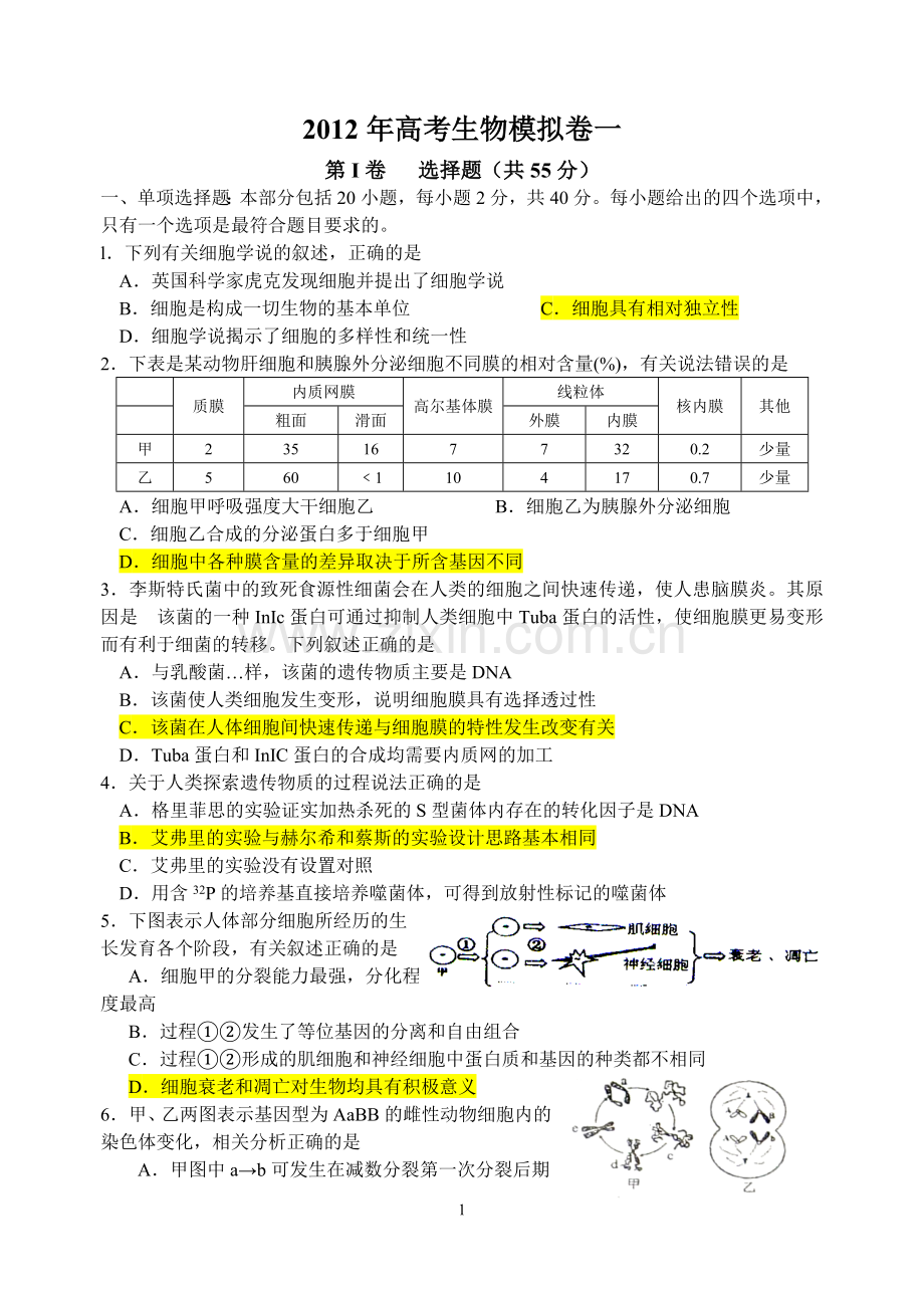 2012年高考生物模拟卷一.doc_第1页