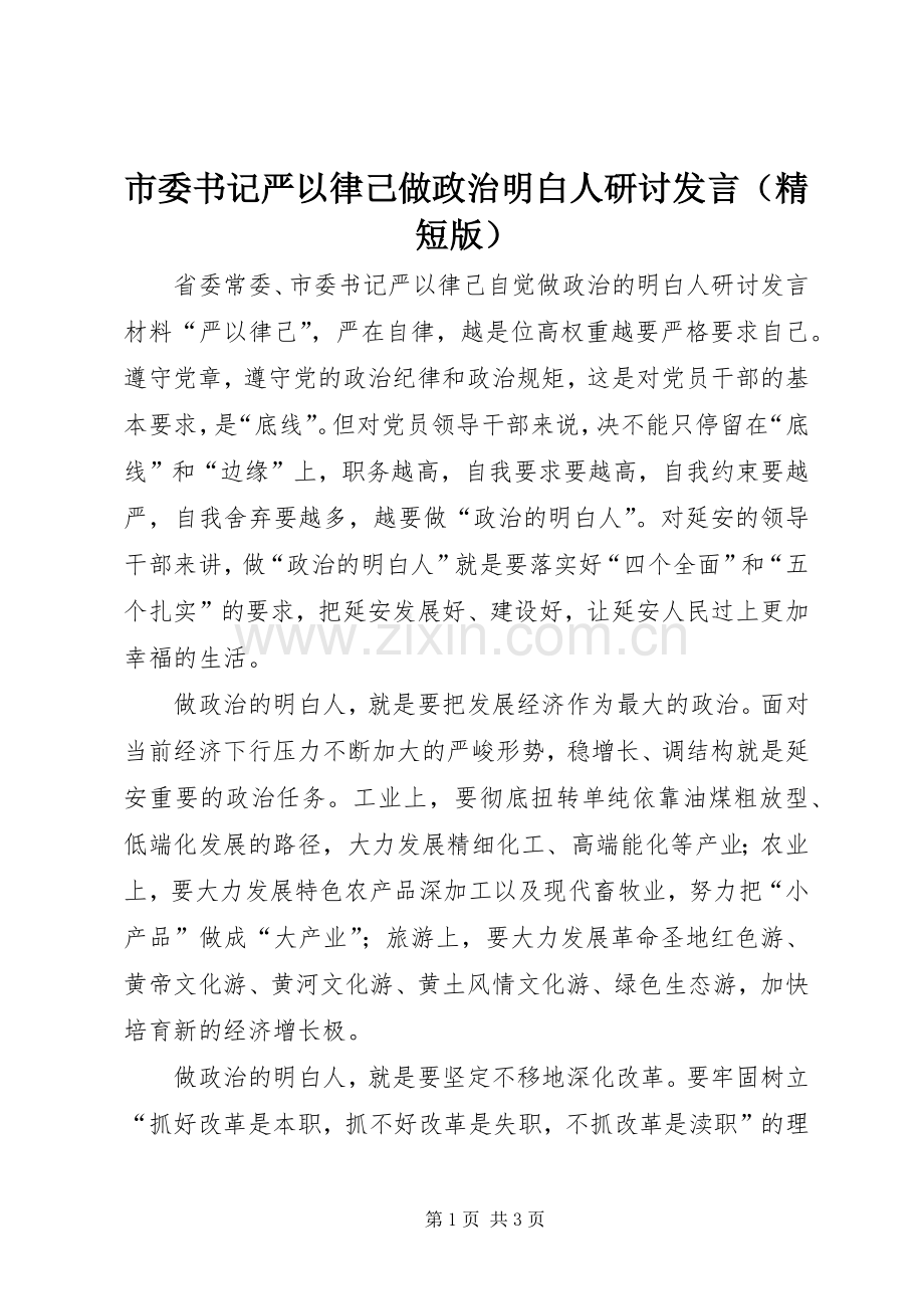 市委书记严以律己做政治明白人研讨发言（精短版）.docx_第1页