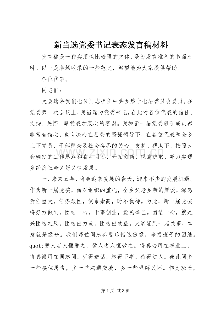 新当选党委书记表态发言稿材料.docx_第1页