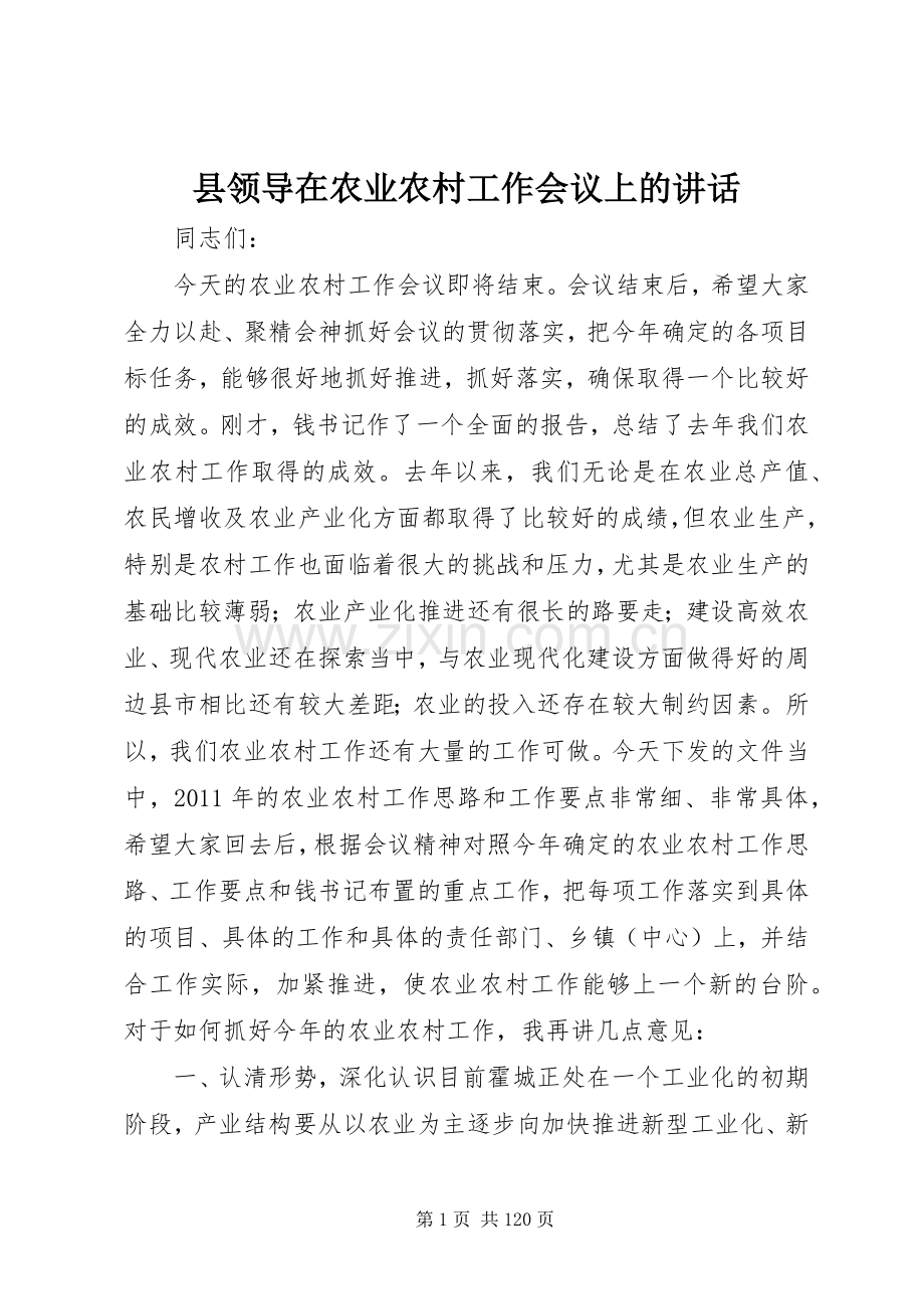 县领导在农业农村工作会议上的讲话.docx_第1页