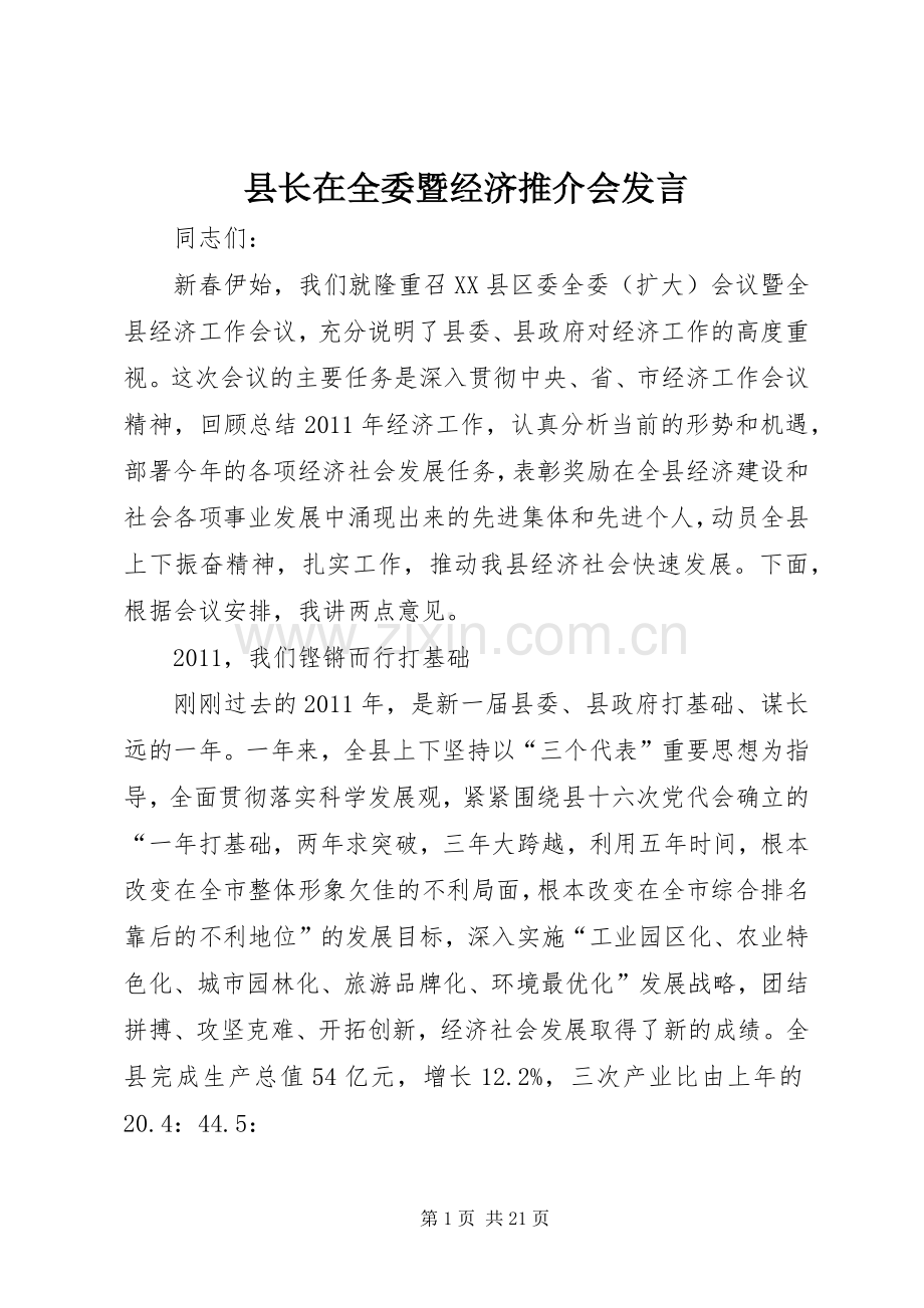 县长在全委暨经济推介会发言.docx_第1页