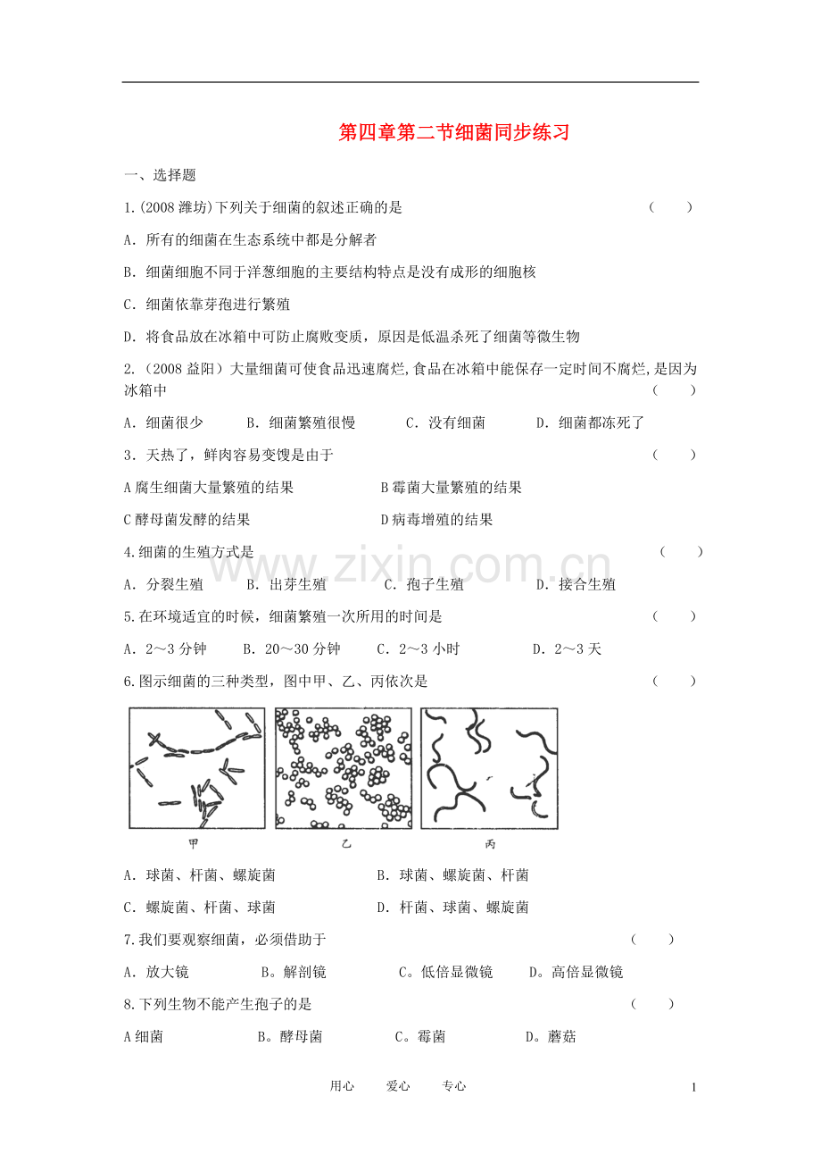 八年级生物上册《细菌》同步练习-人教新课标版.doc_第1页