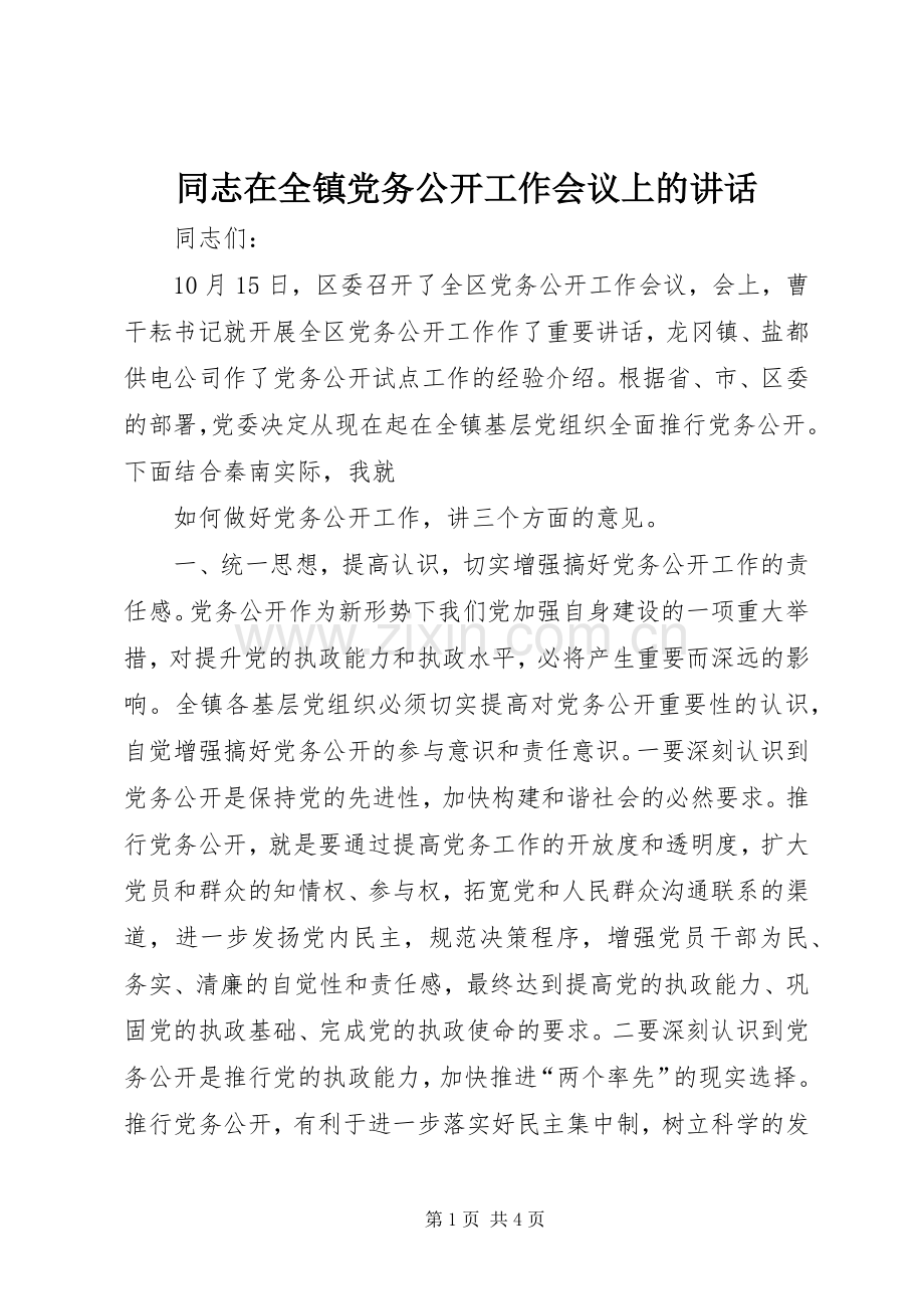 同志在全镇党务公开工作会议上的讲话.docx_第1页