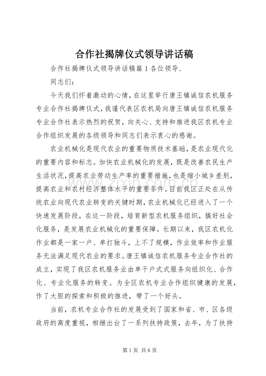 合作社揭牌仪式领导讲话稿.docx_第1页