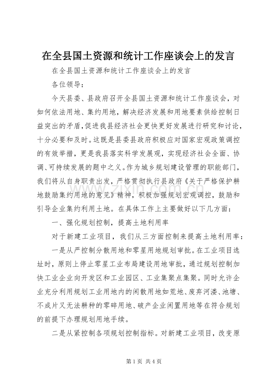 在全县国土资源和统计工作座谈会上的发言.docx_第1页