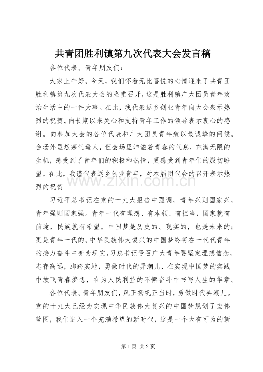 共青团胜利镇第九次代表大会发言.docx_第1页