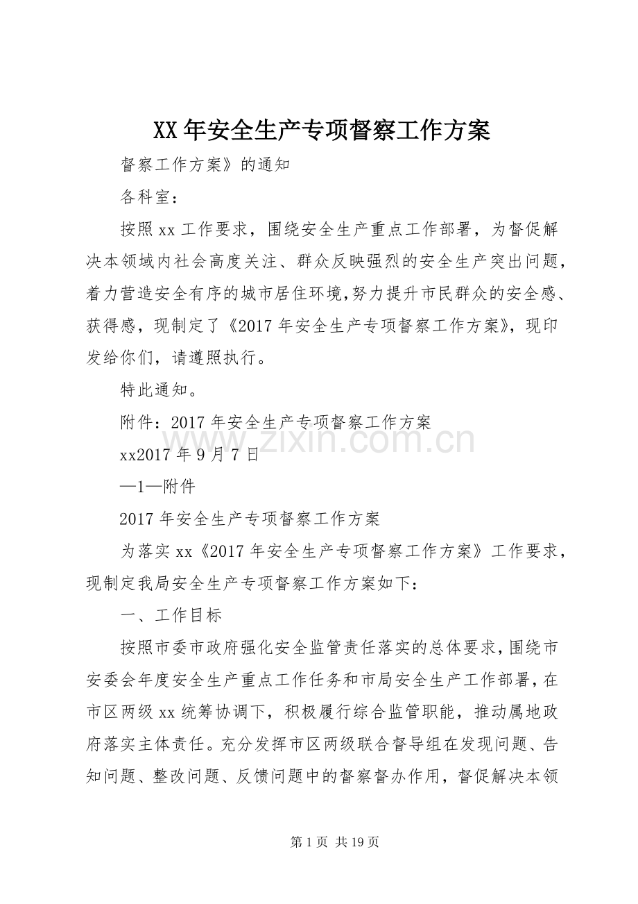 XX年安全生产专项督察工作实施方案.docx_第1页