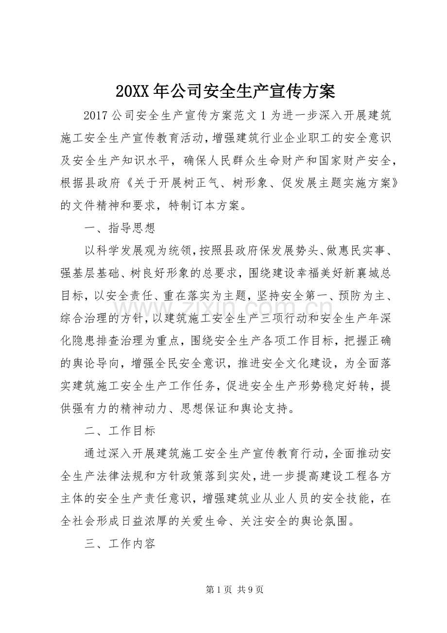 XX年公司安全生产宣传实施方案.docx_第1页