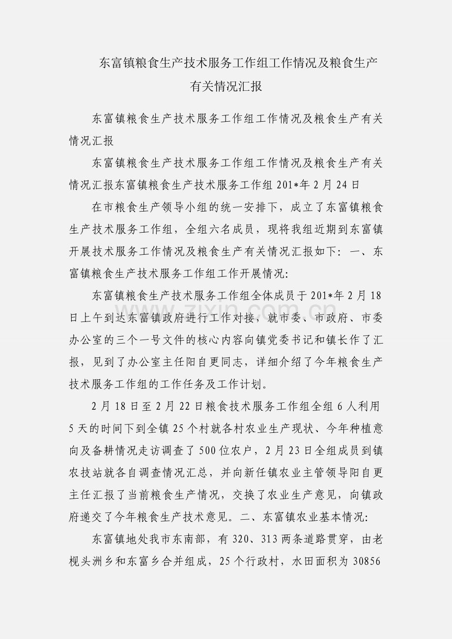 东富镇粮食生产技术服务工作组工作情况及粮食生产有关情况汇报.docx_第1页