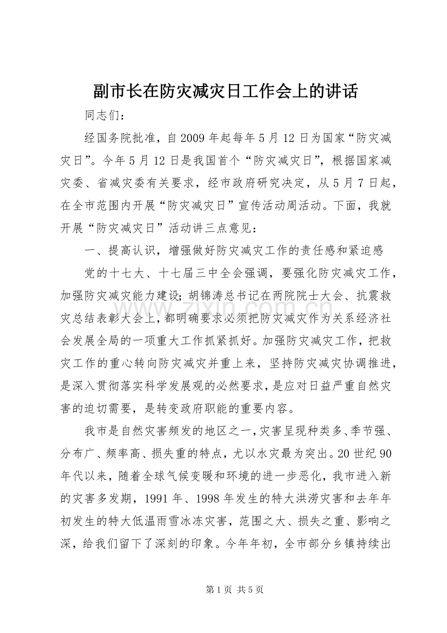 副市长在防灾减灾日工作会上的讲话.docx_第1页