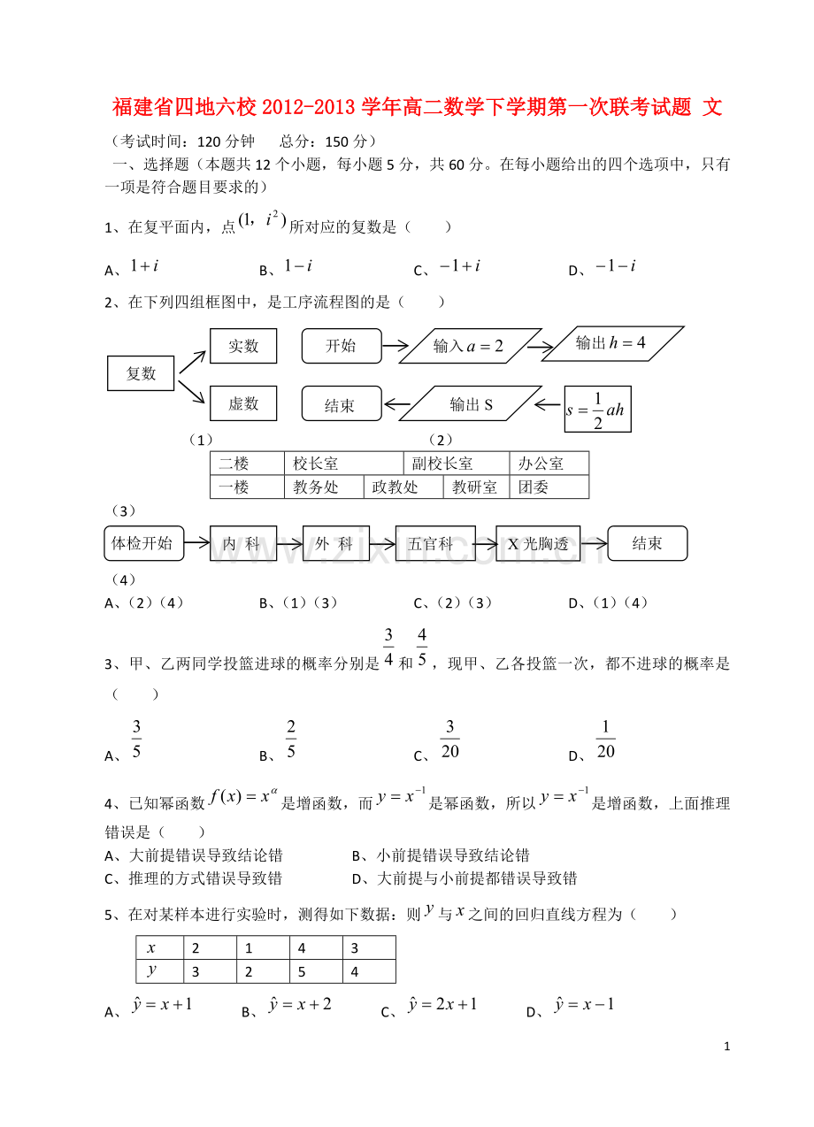 福建省四地六校2012-2013学年高二数学下学期第一次联考试题-文-新人教A版.doc_第1页