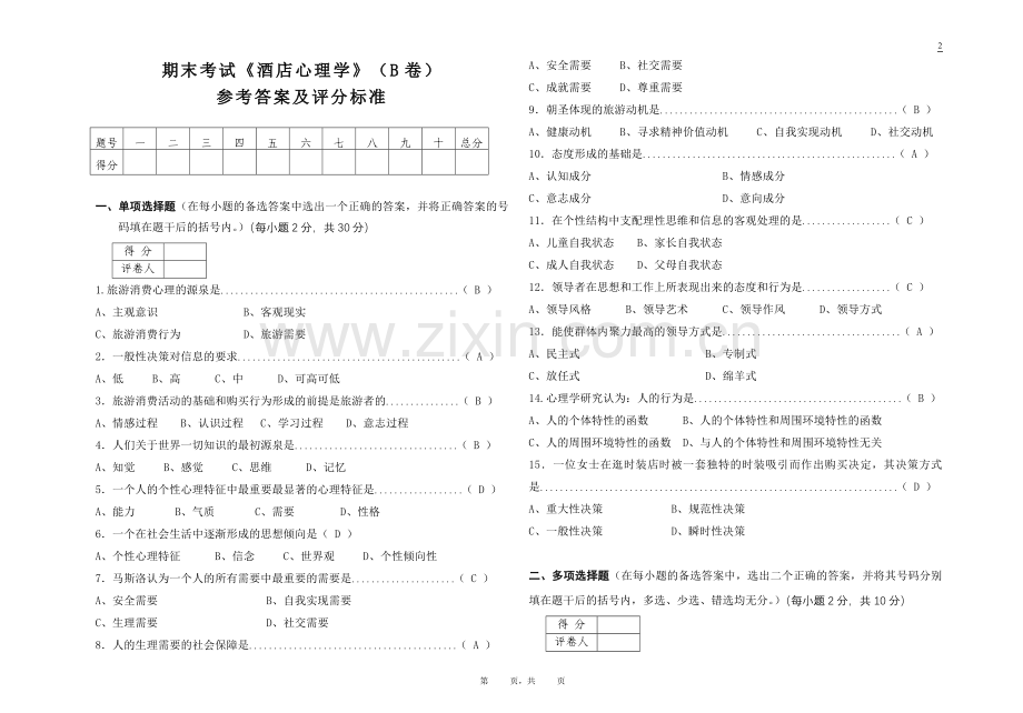 酒店心理学(专)试题(B)答案.doc_第1页