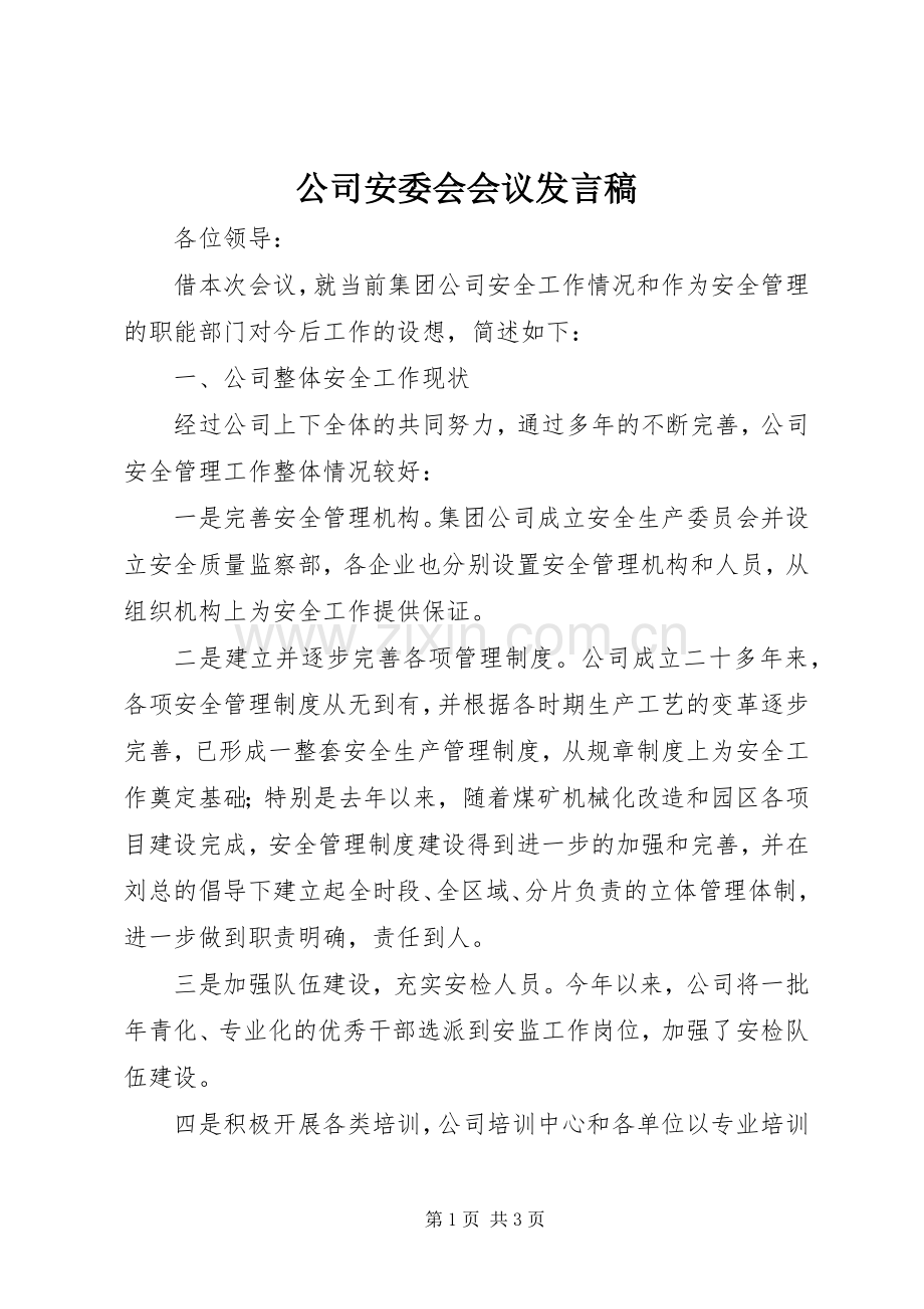 公司安委会会议发言稿.docx_第1页