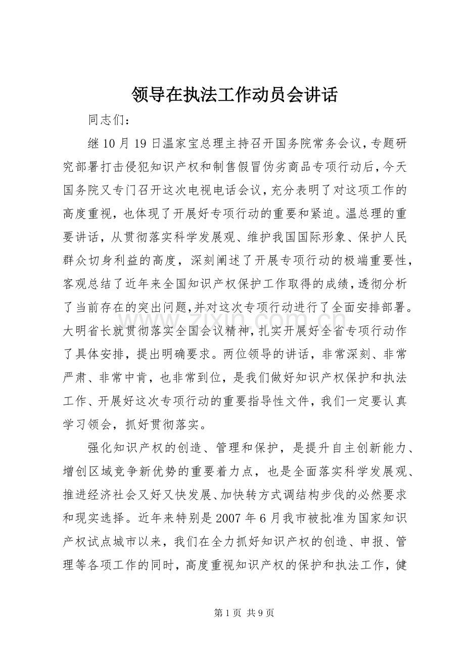 领导在执法工作动员会讲话.docx_第1页