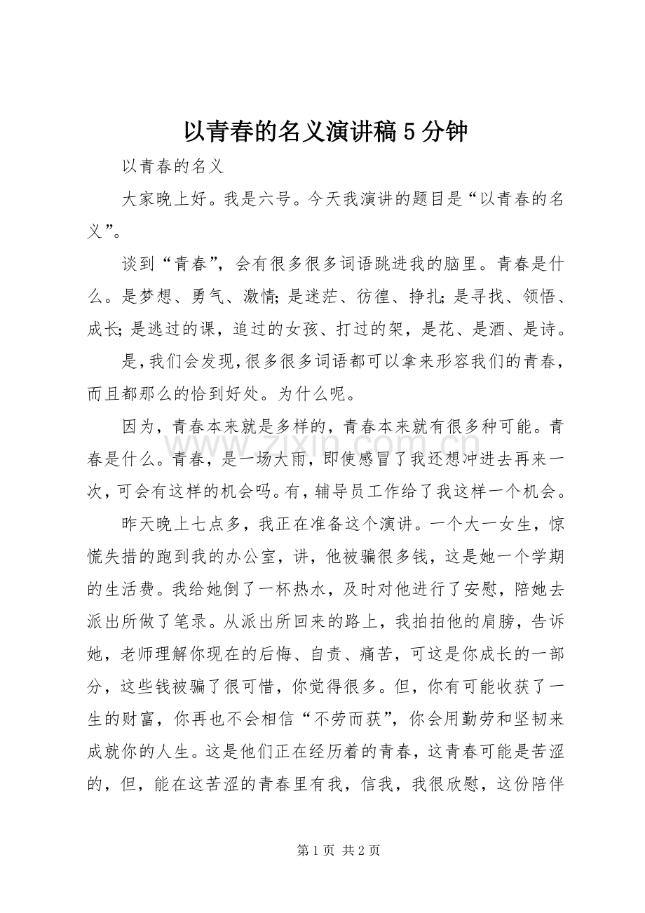 以青春的名义演讲稿5分钟.docx_第1页