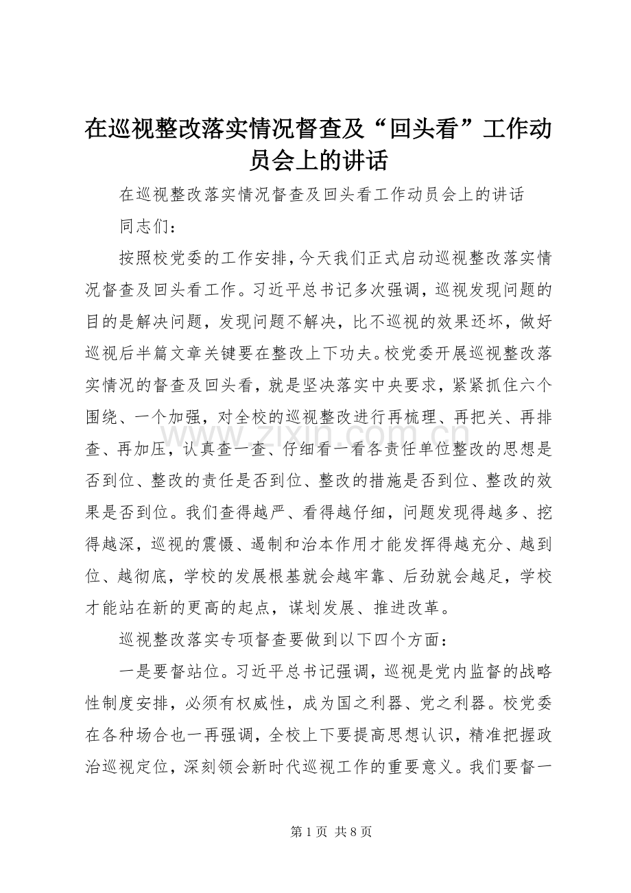 在巡视整改落实情况督查及“回头看”工作动员会上的讲话.docx_第1页