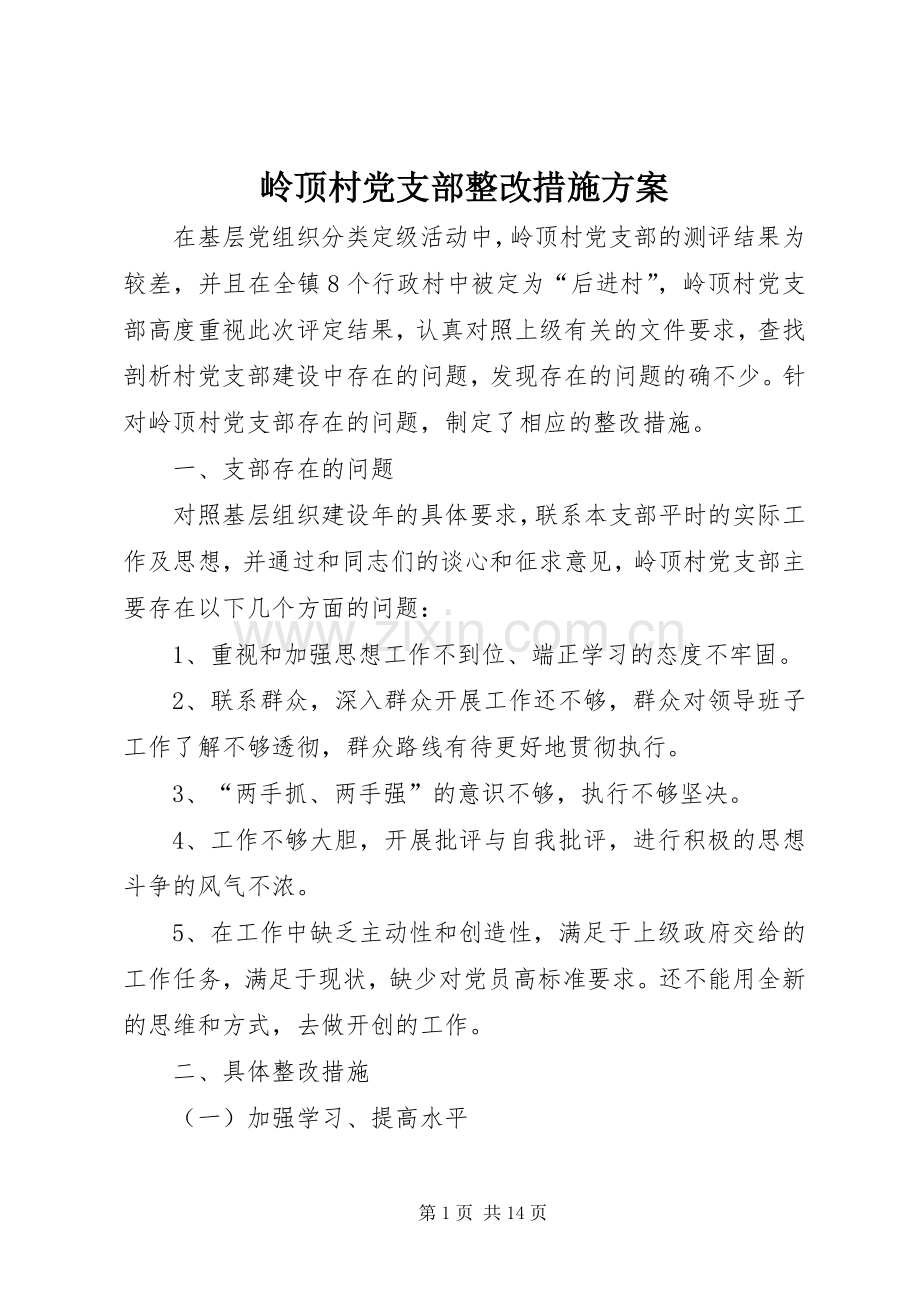 岭顶村党支部整改措施实施方案.docx_第1页