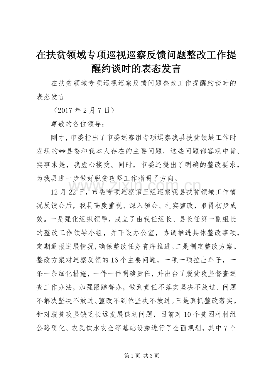 在扶贫领域专项巡视巡察反馈问题整改工作提醒约谈时的表态发言.docx_第1页