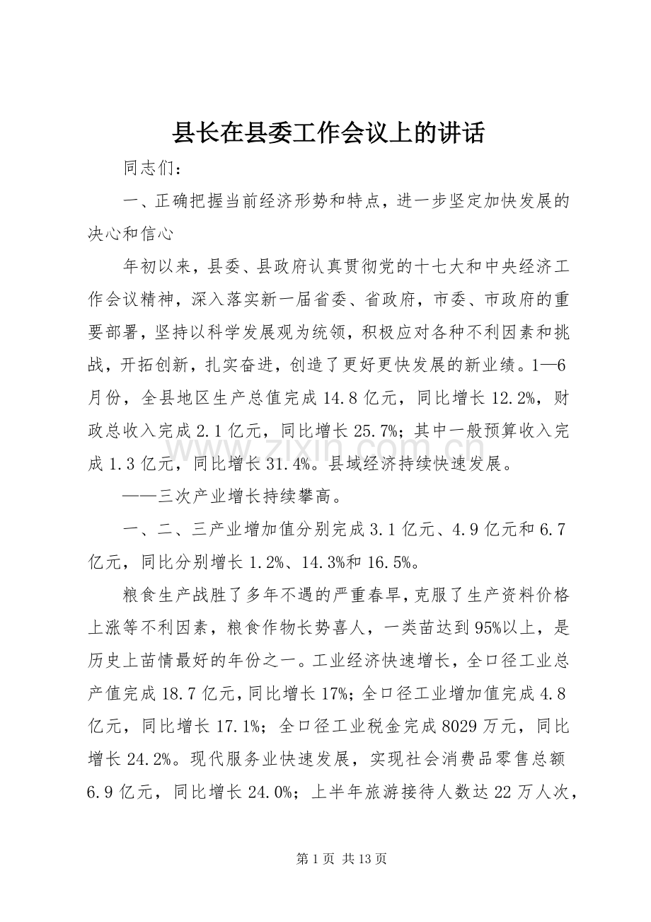 县长在县委工作会议上的讲话.docx_第1页