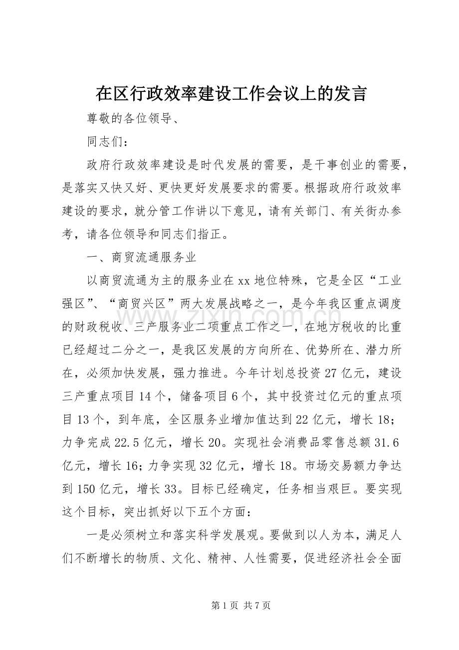 在区行政效率建设工作会议上的发言.docx_第1页