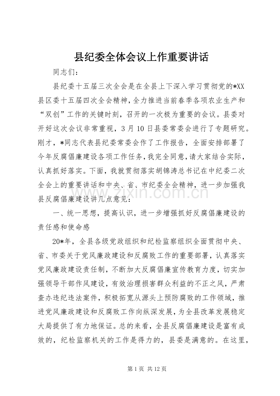 县纪委全体会议上作重要讲话.docx_第1页