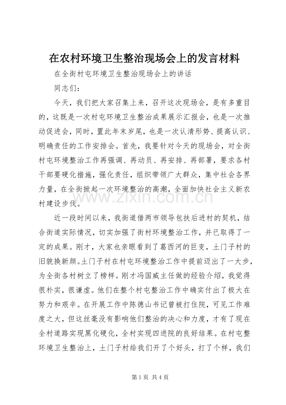 在农村环境卫生整治现场会上的发言材料提纲范文.docx_第1页